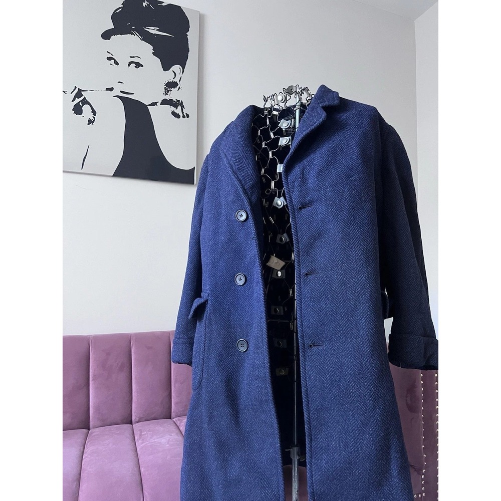 Vintage Par-Kerry Croll & Keck Blue Herringbone Wool Overcoat Mens 2XL Long Coat
